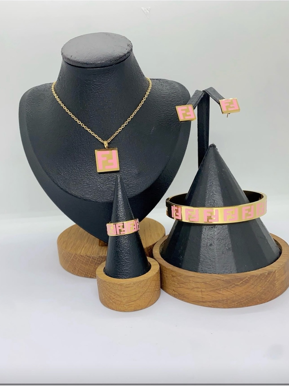 Fendi Pink and Gold Enamel FF Logo Jewelry Set